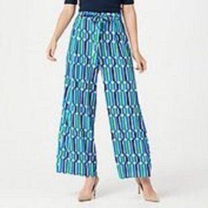 Du Jour Printed Geo Pant with Waist Tie Sapphire Blue L NIP